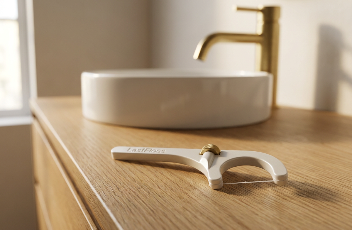 LastFloss resting on the counter by the bathroom sink